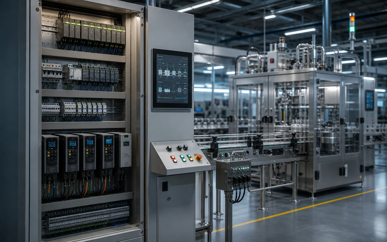 Industrial automation with PLC, HMI and connected machinery